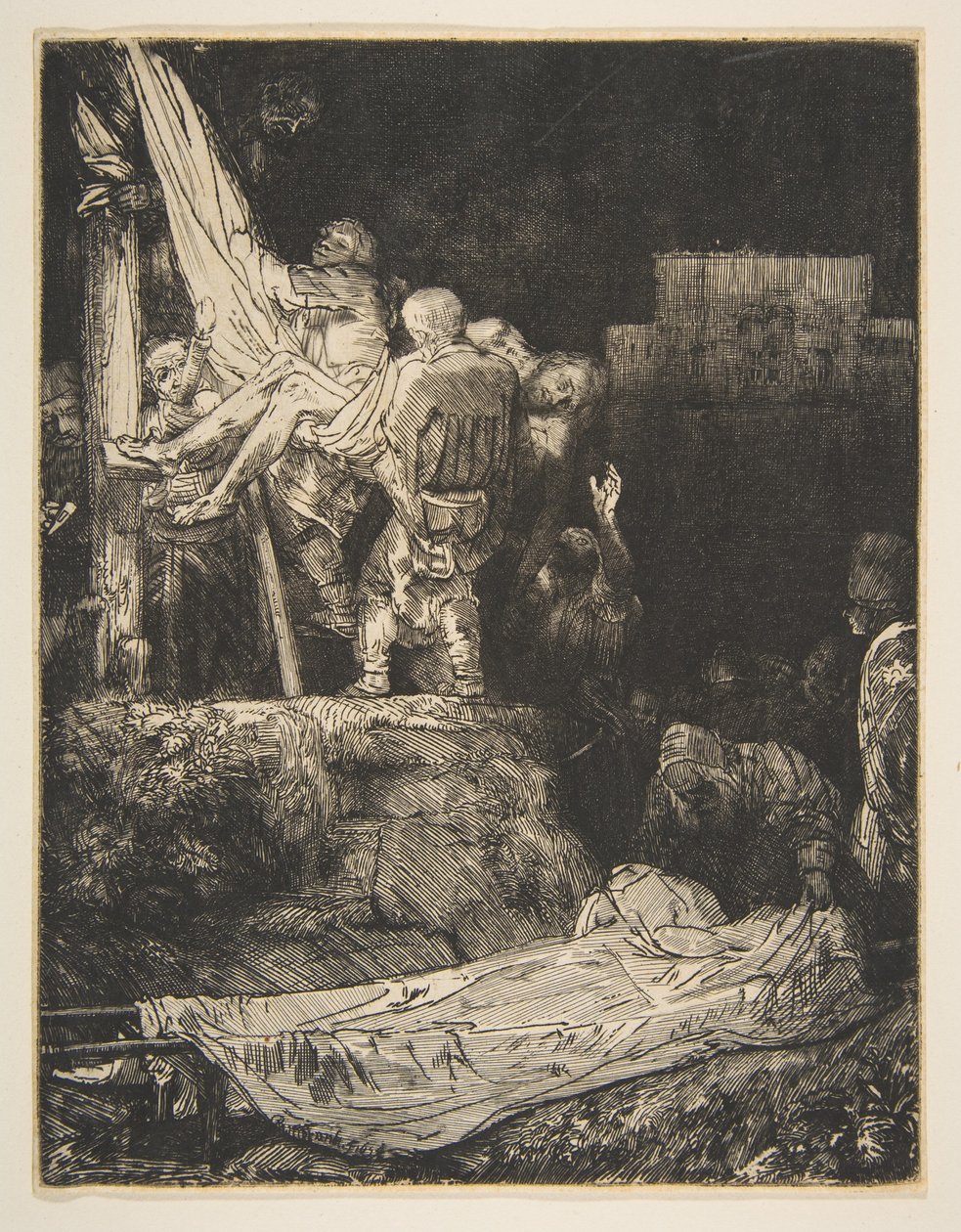 Nedstigning fra korset med fakkellys, 1654. av Rembrandt van Rijn