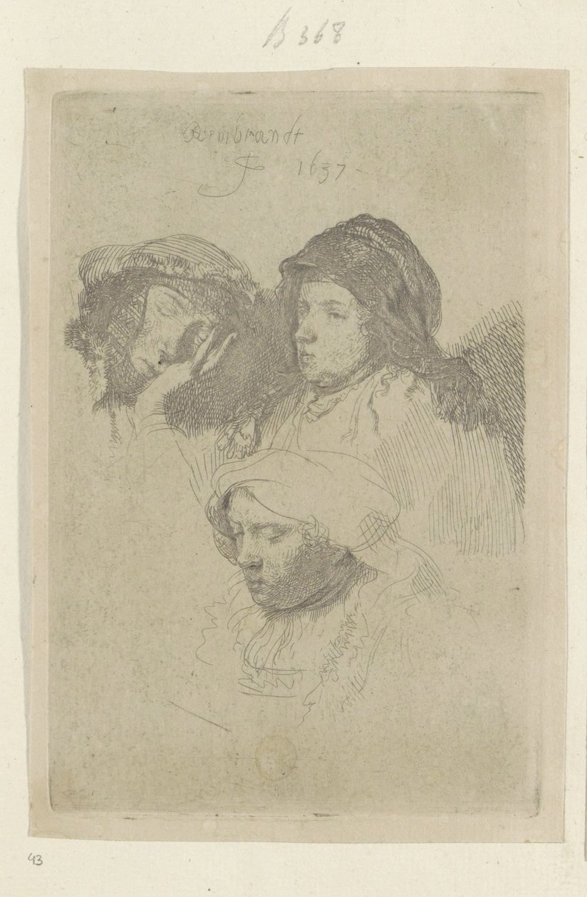 Tre kvinners hoder, ett sovende Recueil de quatre-vingt-cinq estampes originales (serietittel) av Rembrandt van Rijn