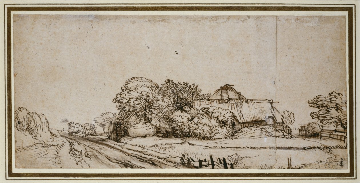 Gårdsbygninger ved siden av en vei (penn og brunt blekk med brun vask) av Rembrandt van Rijn