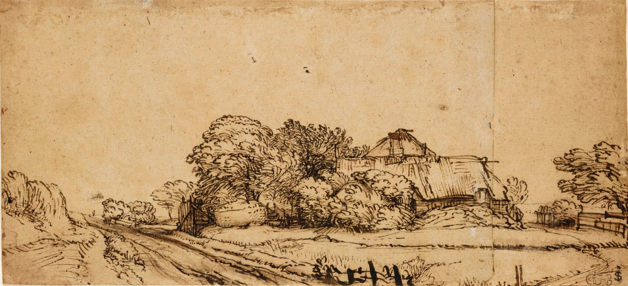 Gårdsbygninger ved siden av en vei, midten av 1600-tallet, av Rembrandt van Rijn