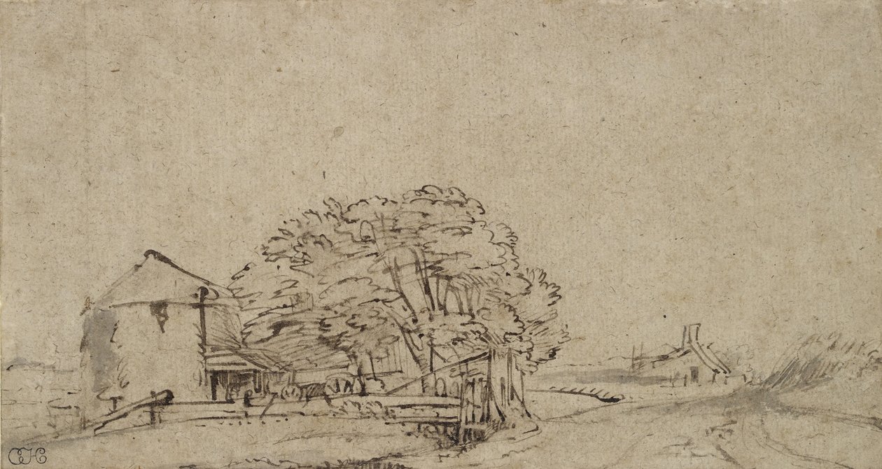 Gårdsbygning ved siden av en vei med fjerntliggende gårdsbruk, 1650-69 (penn og brunt blekk med grå vask på papir) av Rembrandt van Rijn