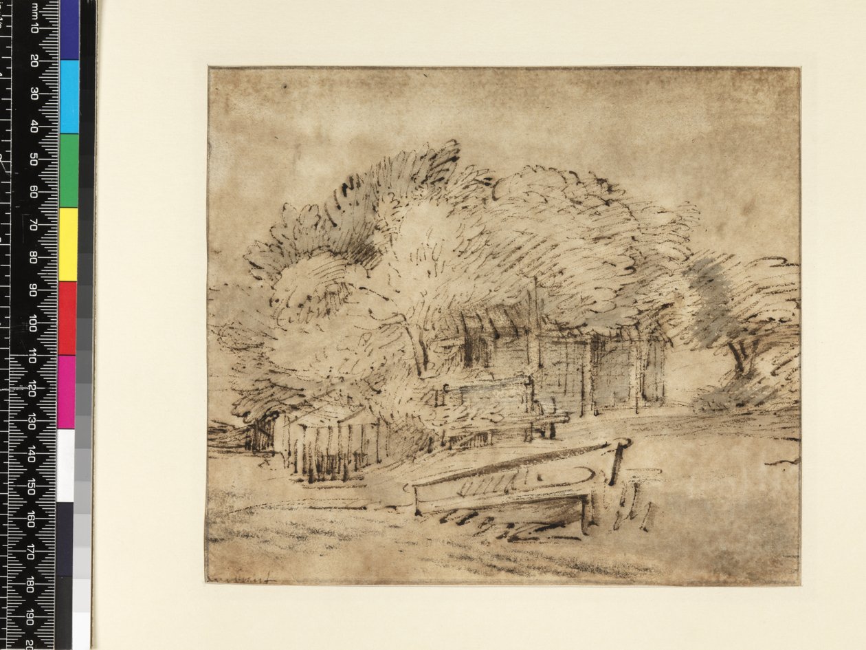Våningshus under trær, med gangbro, ca. 1650 (penn og blekk med vask på papir) av Rembrandt van Rijn