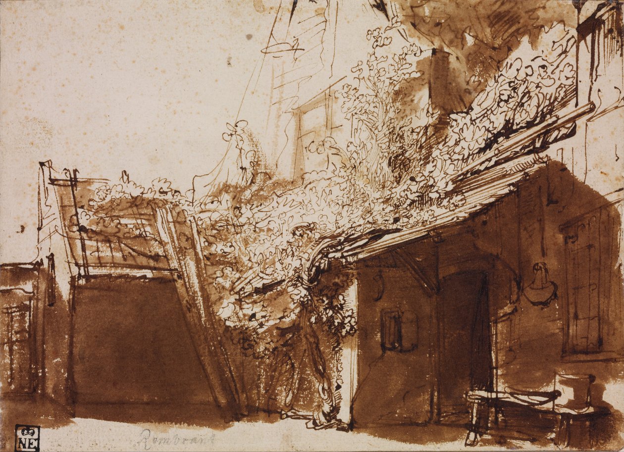 Våningshus i lys og skygge av Rembrandt van Rijn