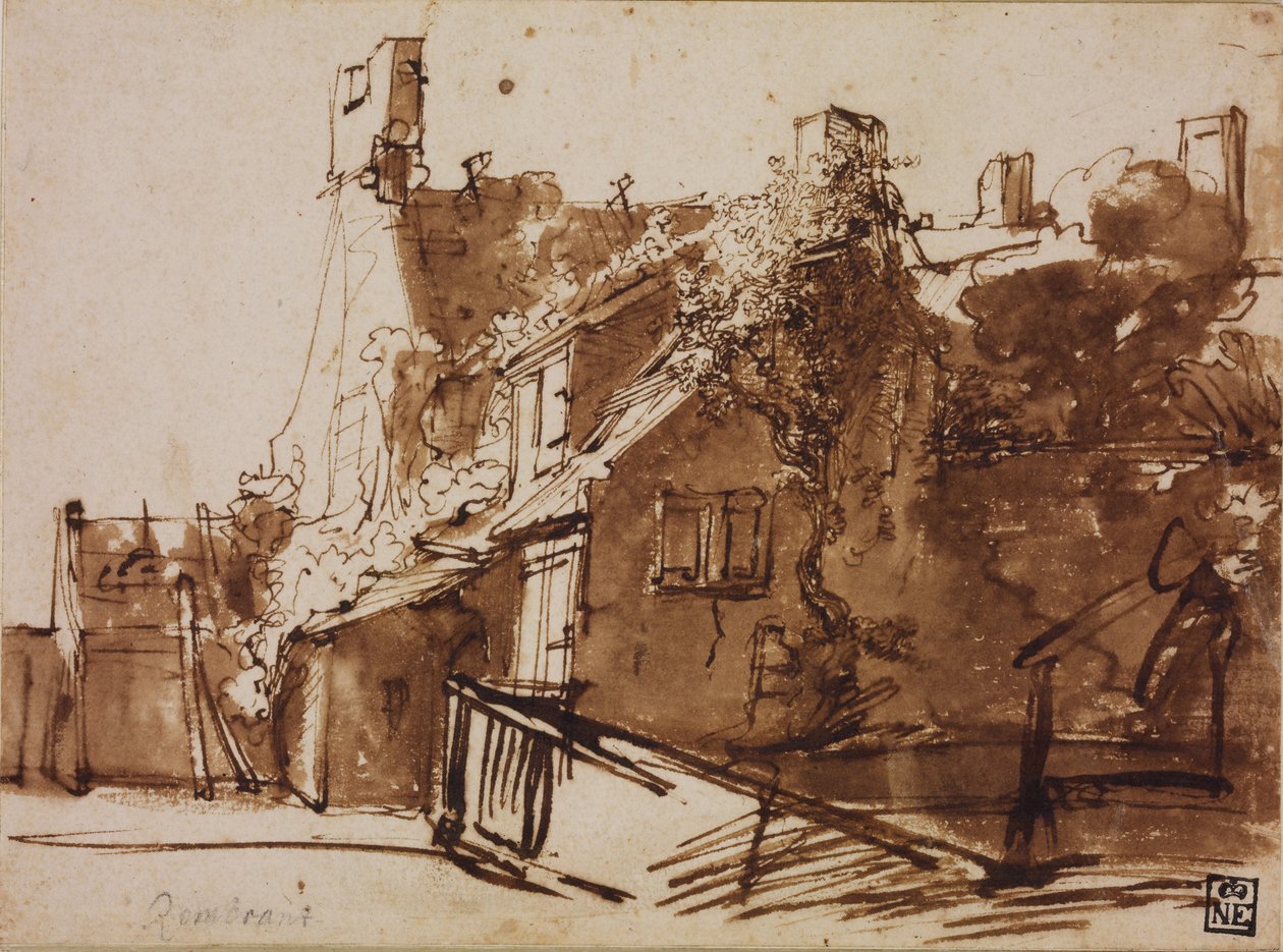 Våningshus i sollys av Rembrandt van Rijn