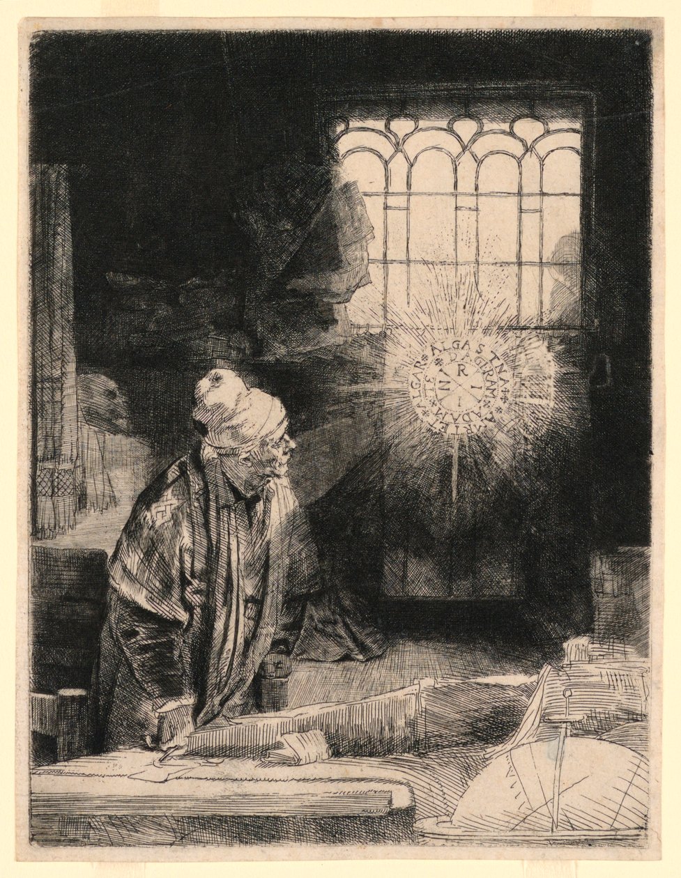 Faust i sin studie, ser på en magisk plate av Rembrandt van Rijn