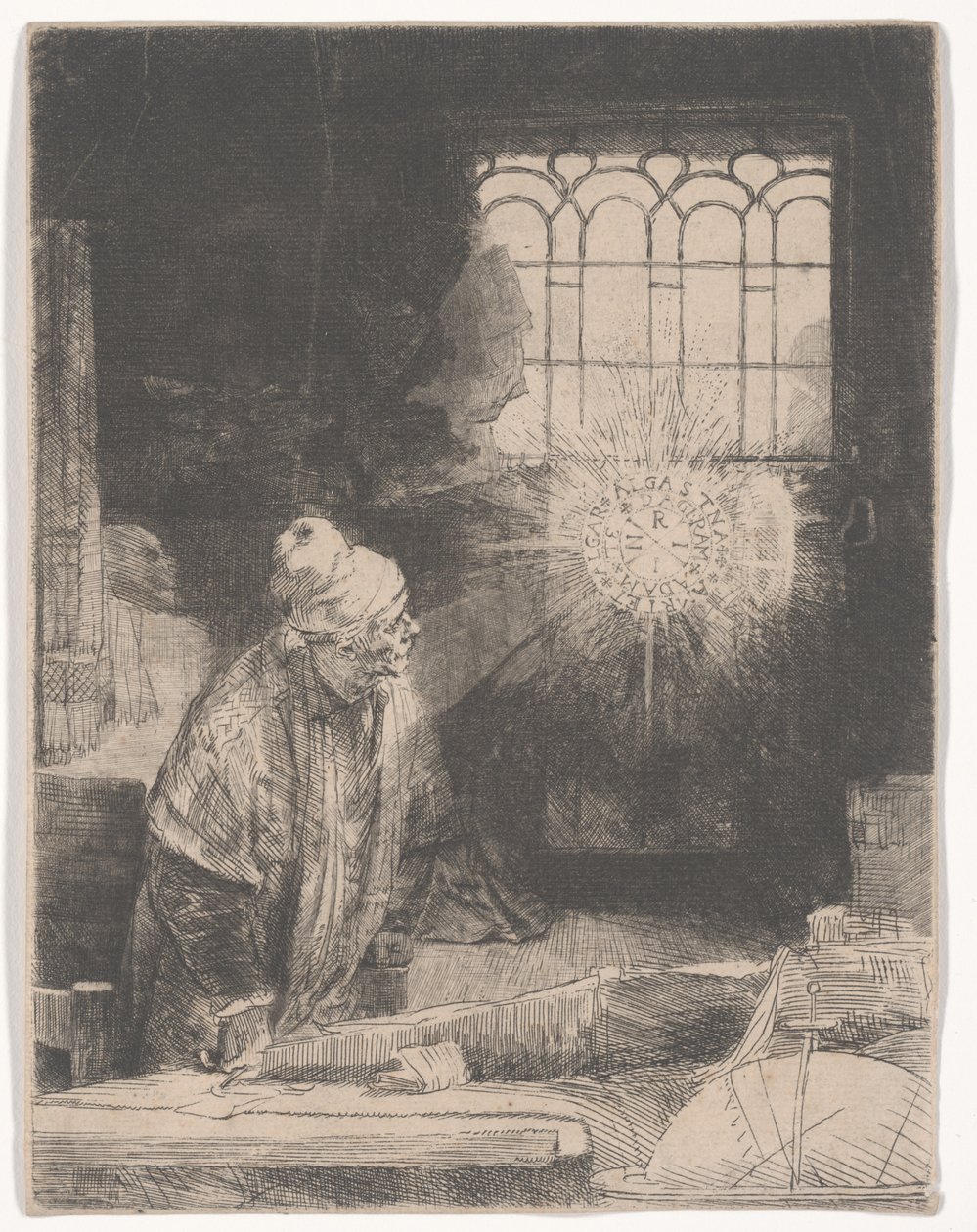 Faust i studiet og ser på en magisk plate, eller En lærd i studiet sitt, ca. 1652 av Rembrandt van Rijn