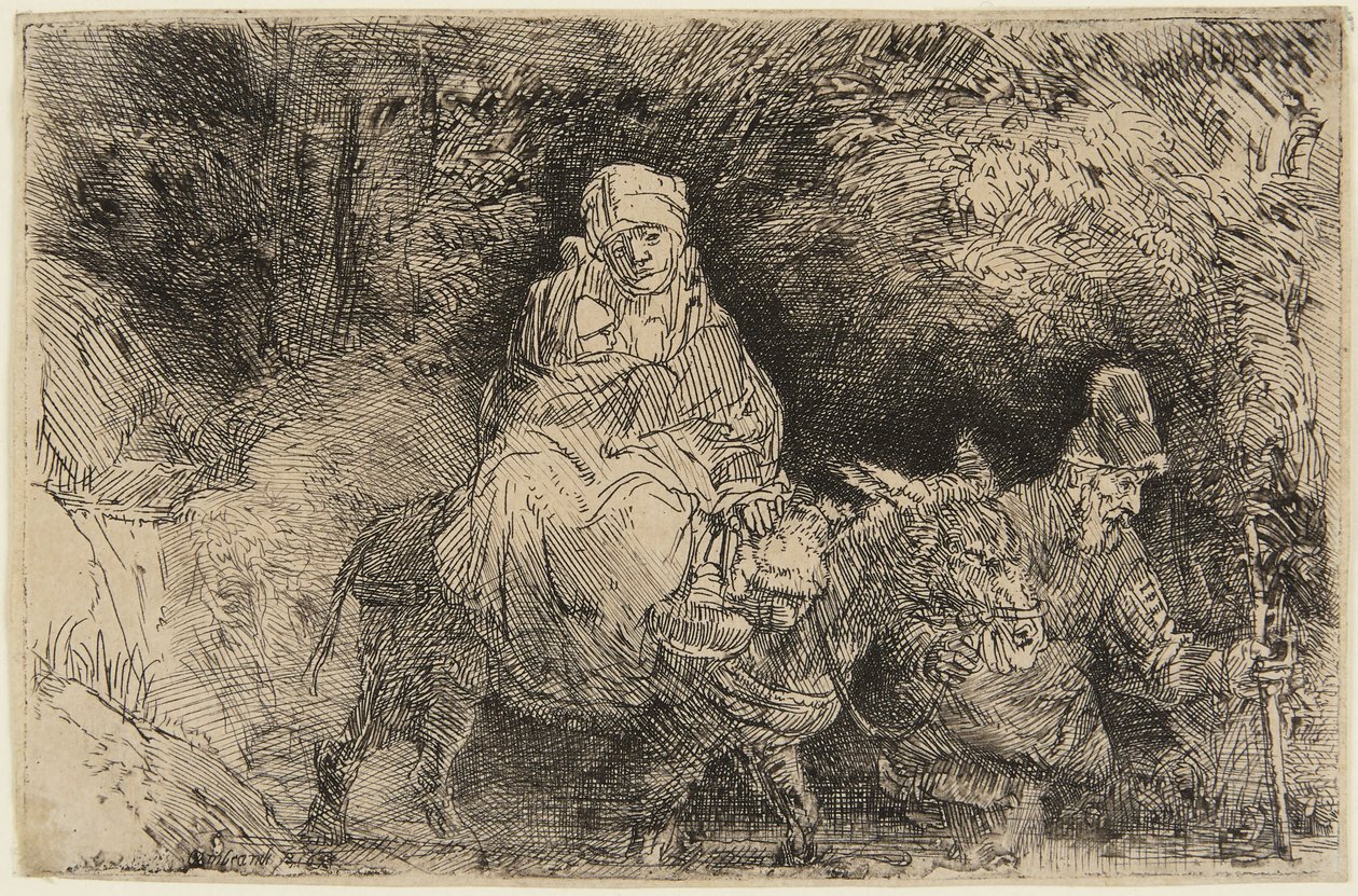 Flukten til Egypt: Den hellige familien krysser en bekk av Rembrandt van Rijn