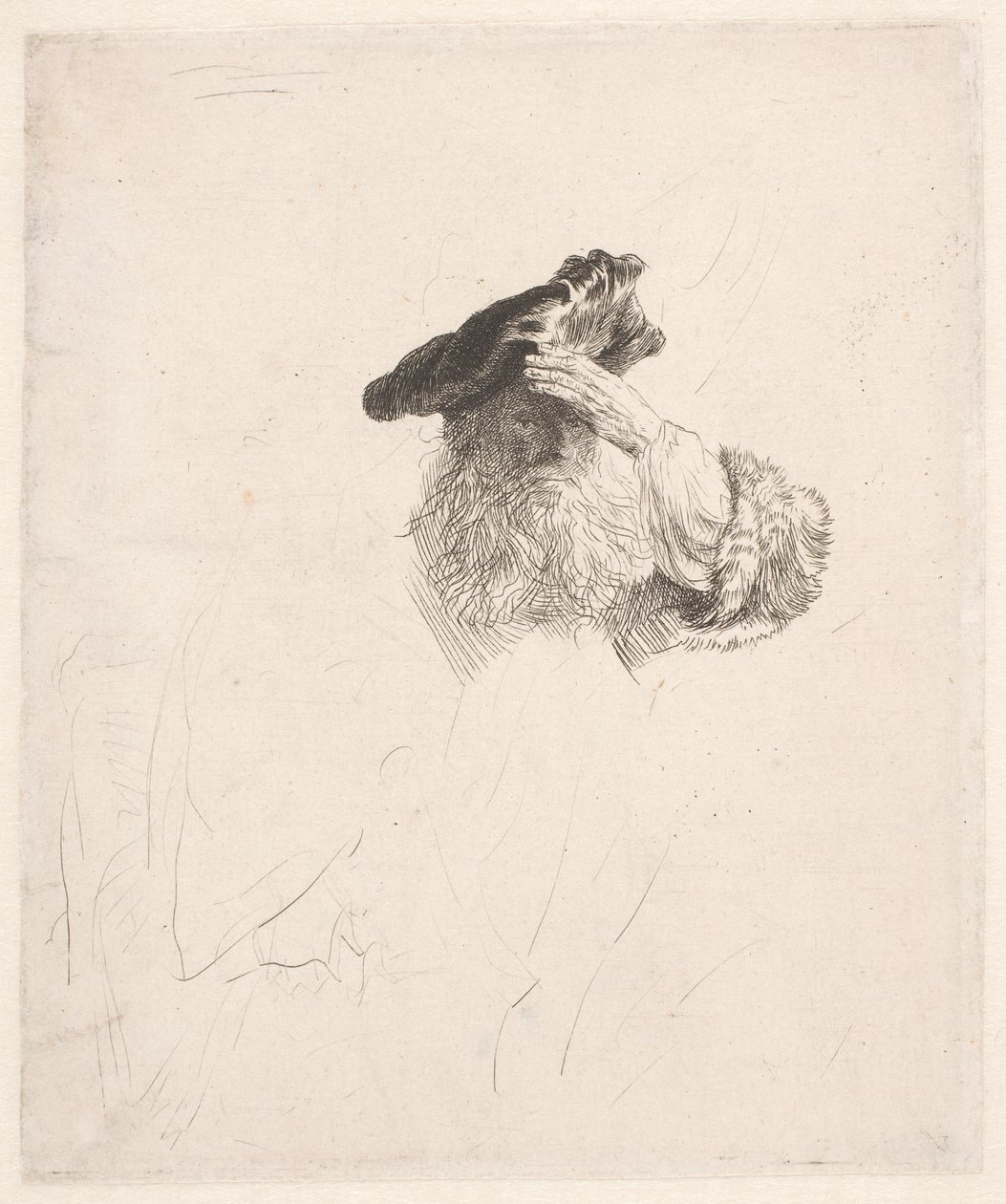 Gammel mann skygger for øynene med hånden av Rembrandt van Rijn