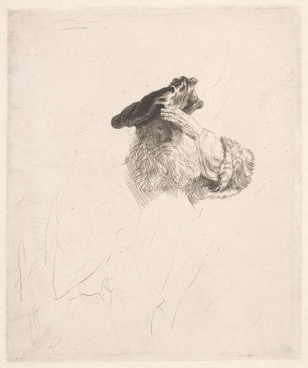 Gammel mann skygger for øynene med hånden av Rembrandt van Rijn