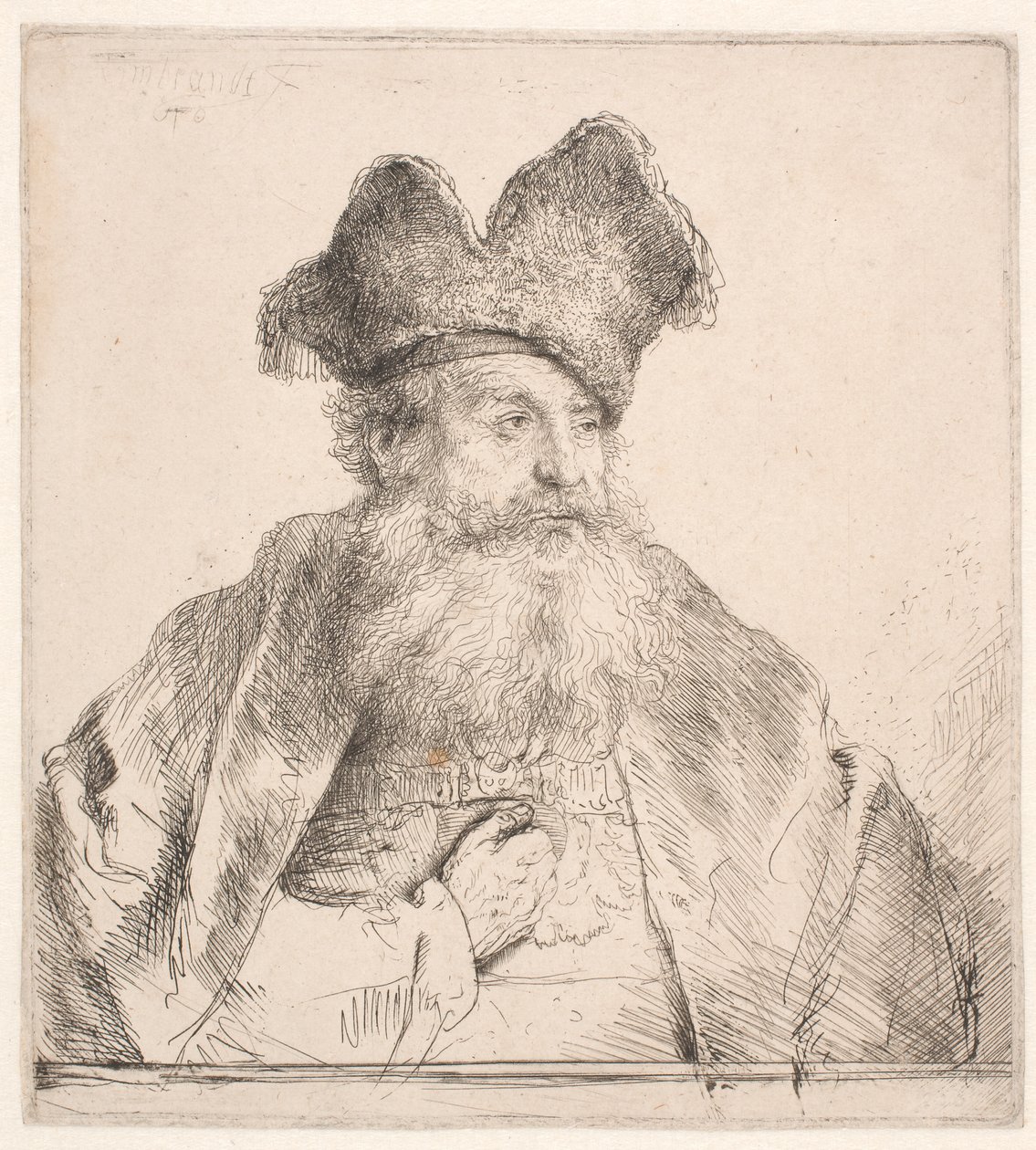 Gammel mann med pelslue av Rembrandt van Rijn
