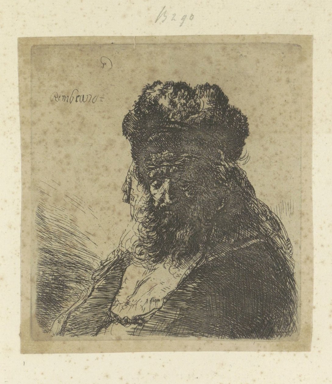 Skjegget gammel mann med høy pelslue og lukkede øyne Recueil de quatre-vingt-cinq estampes originales (serietittel) av Rembrandt van Rijn
