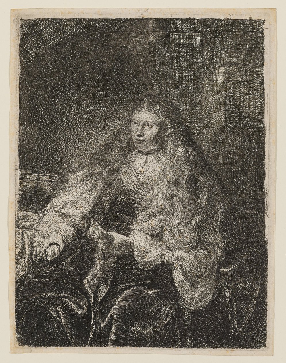 Jente med hår som faller ned over skuldrene av Rembrandt van Rijn