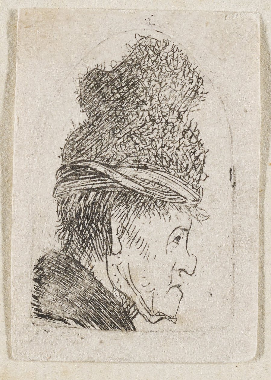 Grotesk profil: Mann med høy lue av Rembrandt van Rijn