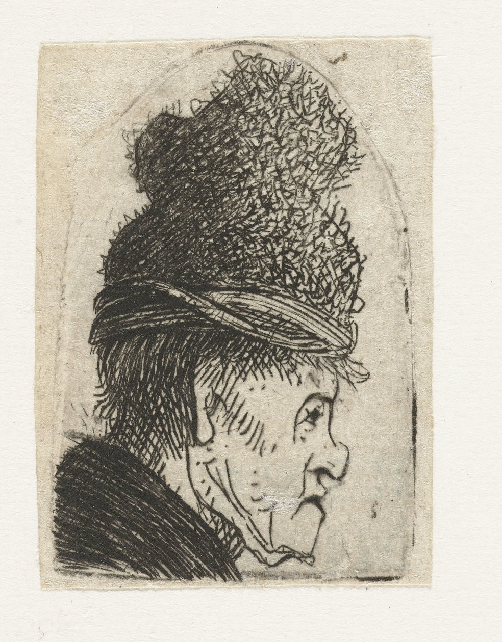 Grotesk profil: mann med høy cap av Rembrandt van Rijn