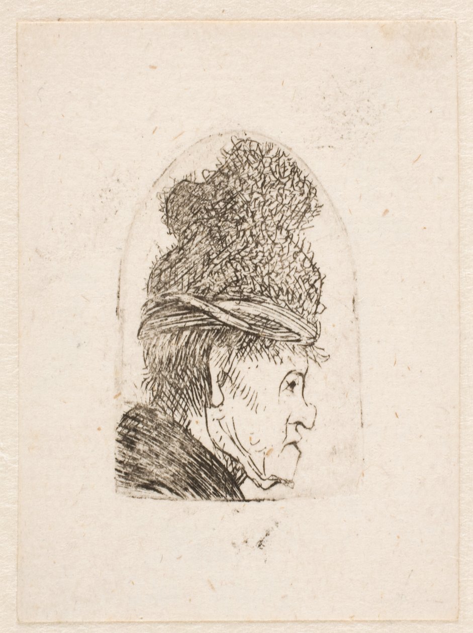 Grotesk profil: mann med høy lue av Rembrandt van Rijn