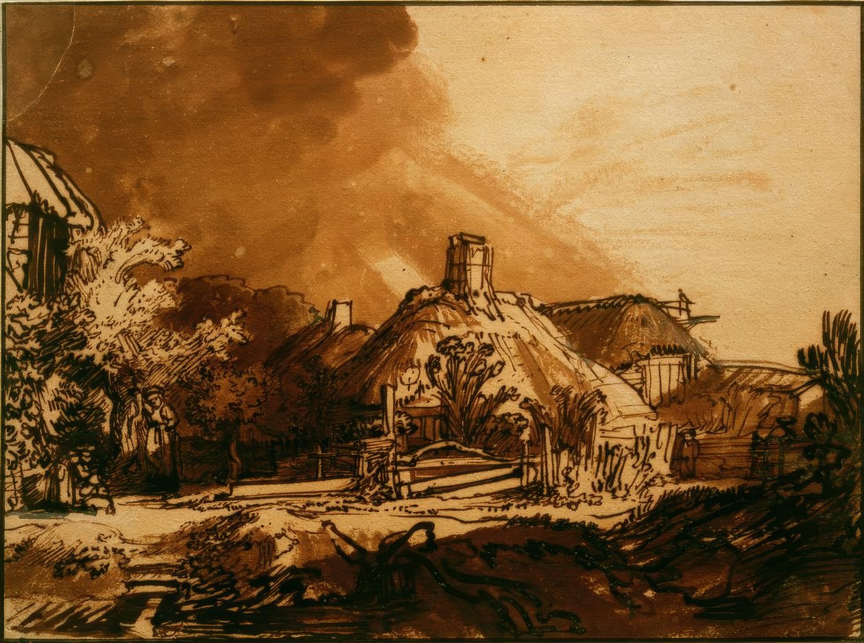 Hus under en stormfull himmel av Rembrandt van Rijn
