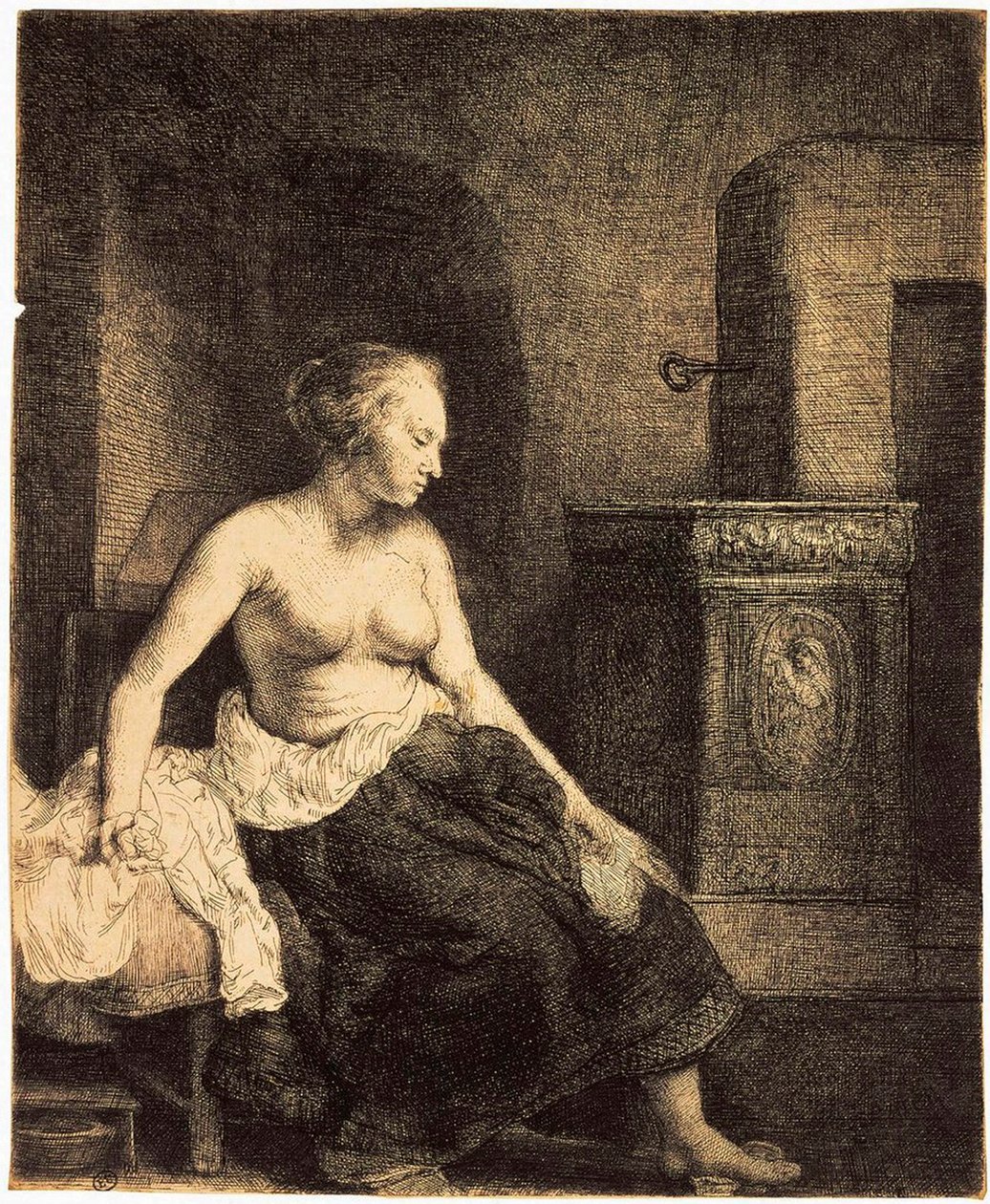 Halvnaken kvinne ved en komfyr, 1658. av Rembrandt van Rijn