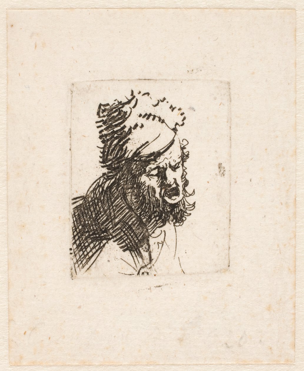 Hodet til en mann med pelslue, som roper av Rembrandt van Rijn