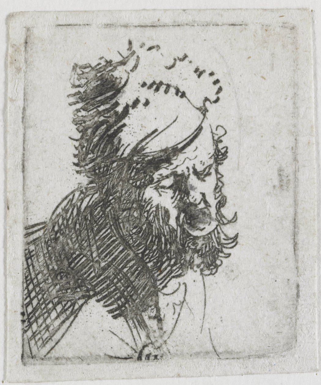 Hodet til en mann med pelslue, som roper av Rembrandt van Rijn