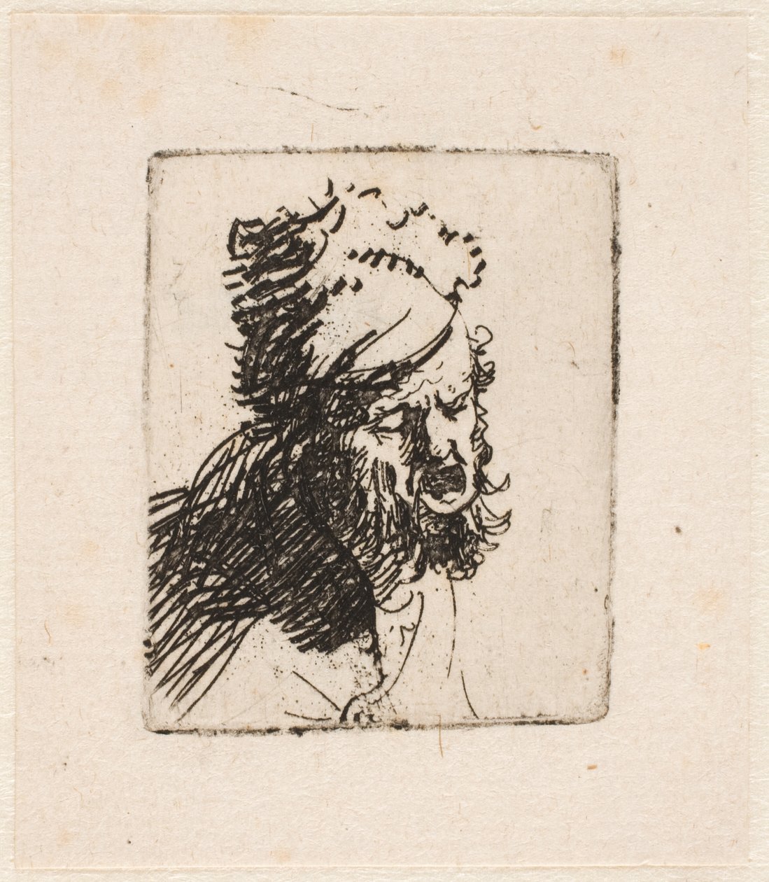 Hodet til en mann med pelslue, som roper av Rembrandt van Rijn