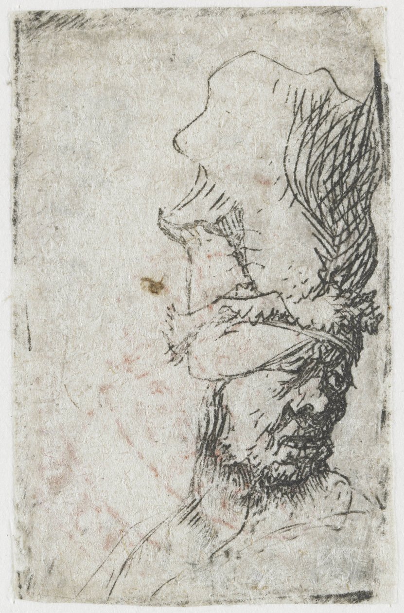 Hodet til en mann med en høy lue av Rembrandt van Rijn