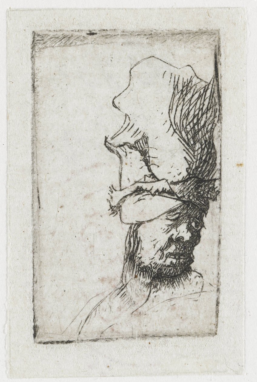 Hodet til en mann med en høy lue av Rembrandt van Rijn