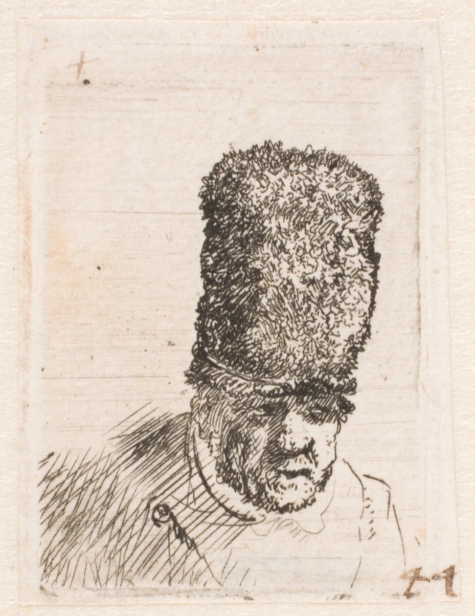 Hodet til en gammel mann i høy pelshatt av Rembrandt van Rijn