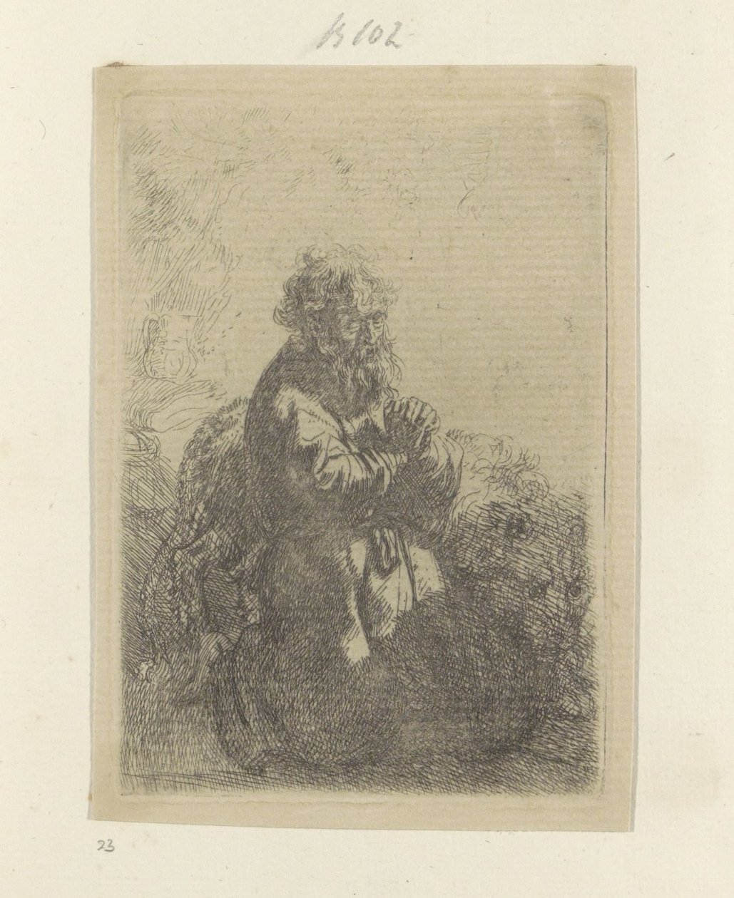 Jerome kneler i bønn og ser ned Recueil de quatre-vingt-cinq estampes originales (serietittel) av Rembrandt van Rijn
