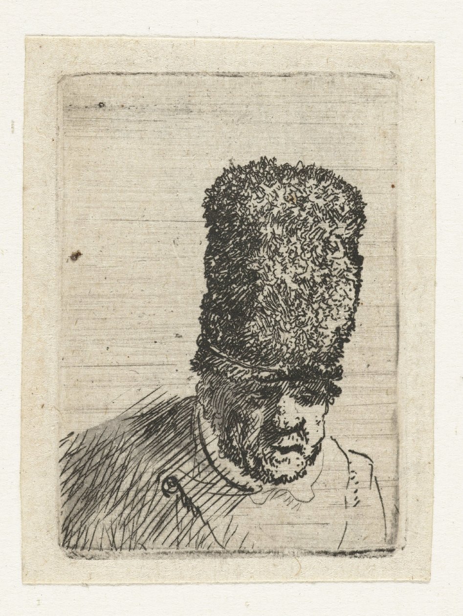 Hodet til en gammel mann med en høy pelslue av Rembrandt van Rijn
