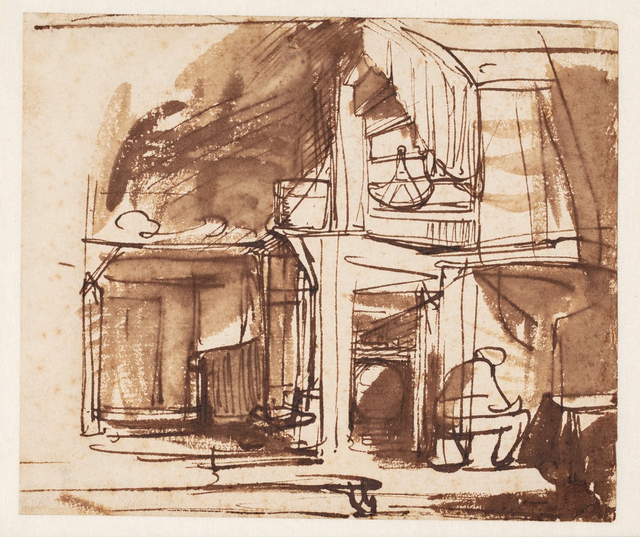 Interiør med en svingete trapp og en sittende mann av Rembrandt van Rijn