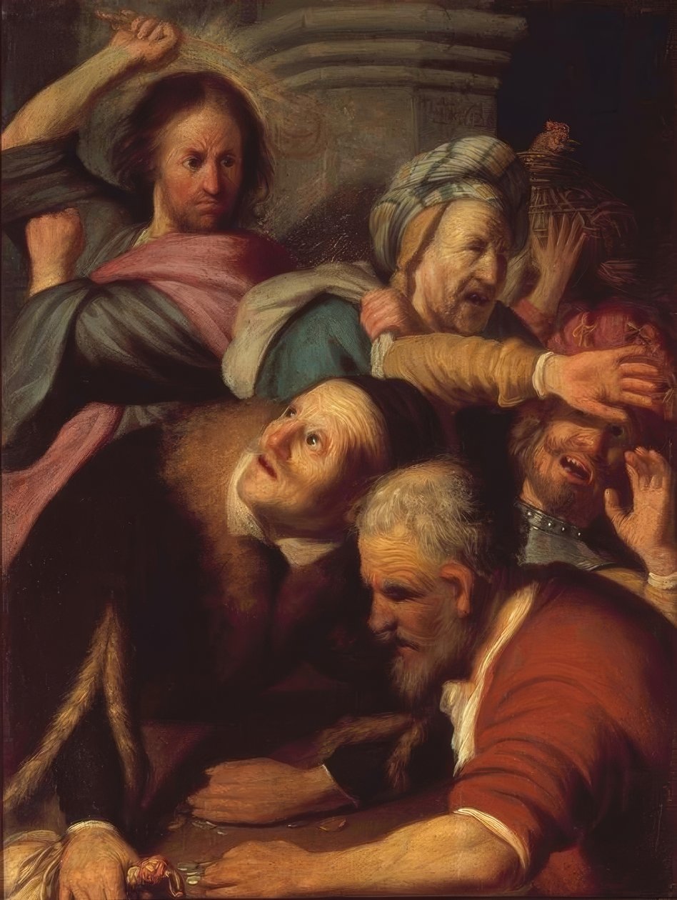 Jesus driver vekslerne ut av templet av Rembrandt van Rijn