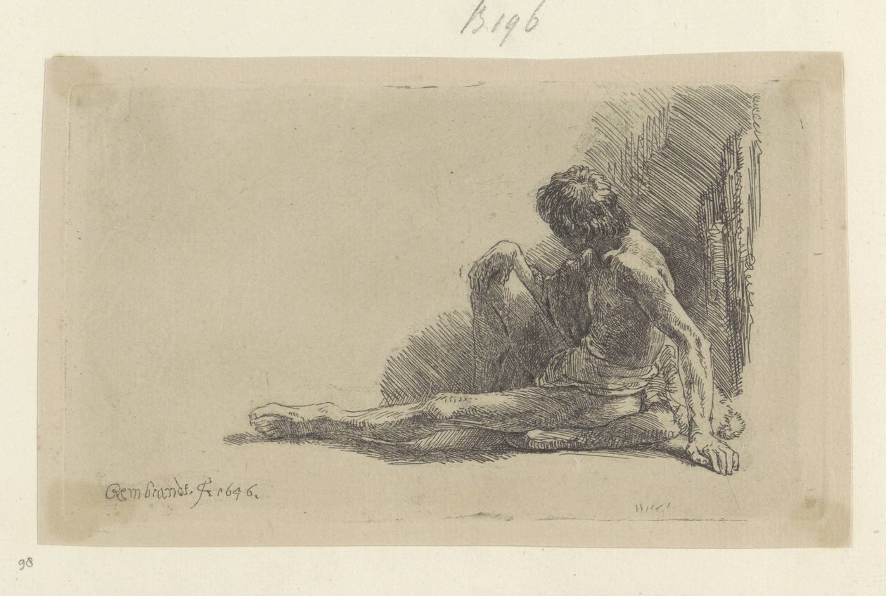 Ung mann sitter på gulvet med ett ben utvidet Recueil de quatre-vingt-cinq estampes originales (serietittel) av Rembrandt van Rijn