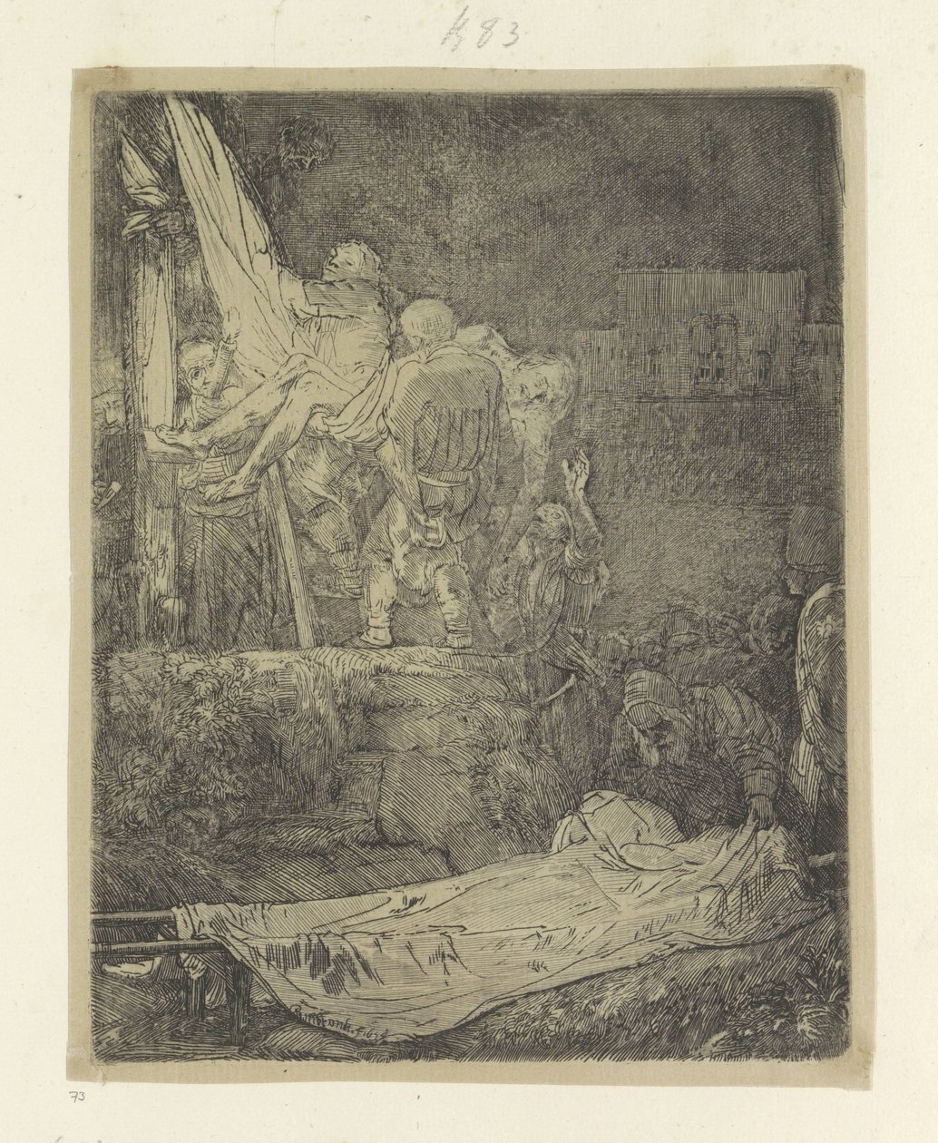 Nedstigning fra korset med fakkellys Recueil de quatre-vingt-cinq estampes originales (serietittel) av Rembrandt van Rijn
