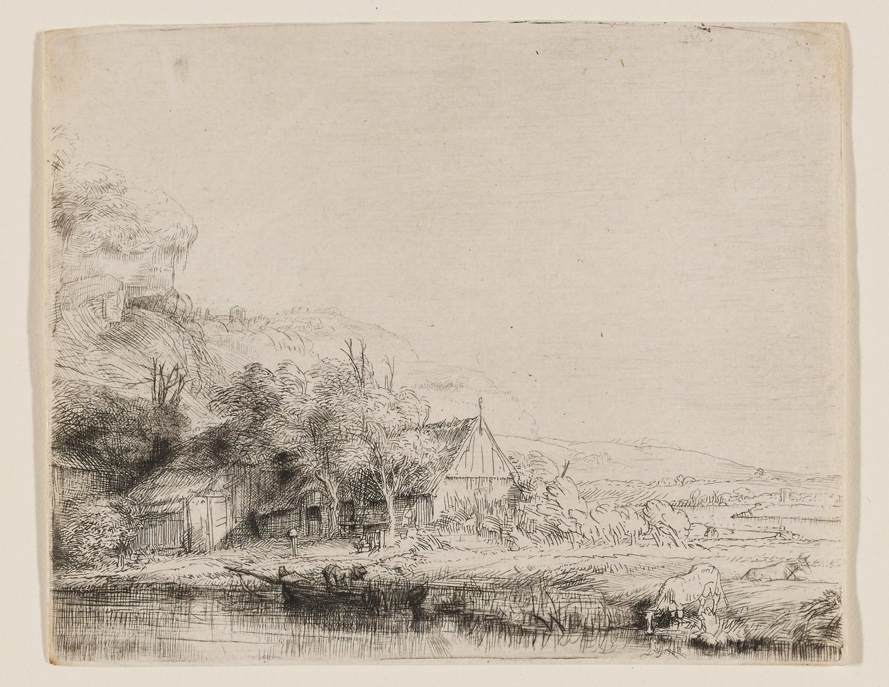 Landskap med en ku som drikker av Rembrandt van Rijn