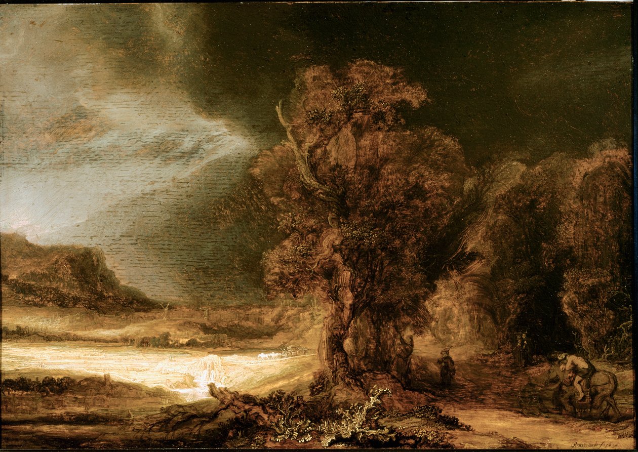 Landskap ved det barmhjertige samaritanske maleri av Harmenszoon van Rijn dit Rembrandt (1606-1669) 1638 Søn. 46,5x66 cm Czartoryski-museet, Krakow, Polen av Rembrandt van Rijn