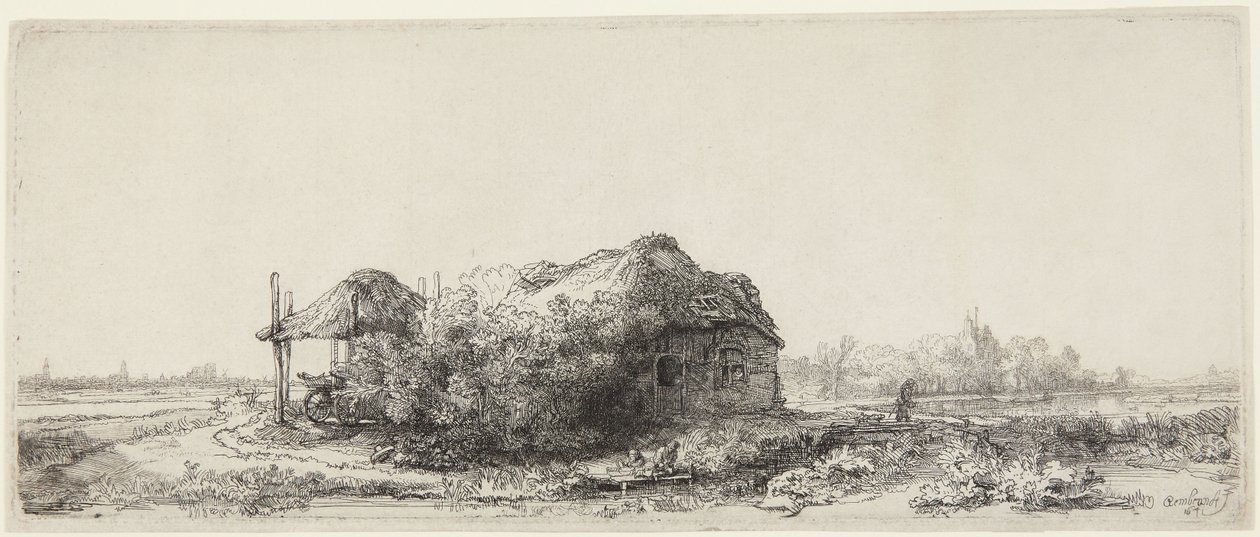 Landskap med hytter og en høylåve av Rembrandt van Rijn