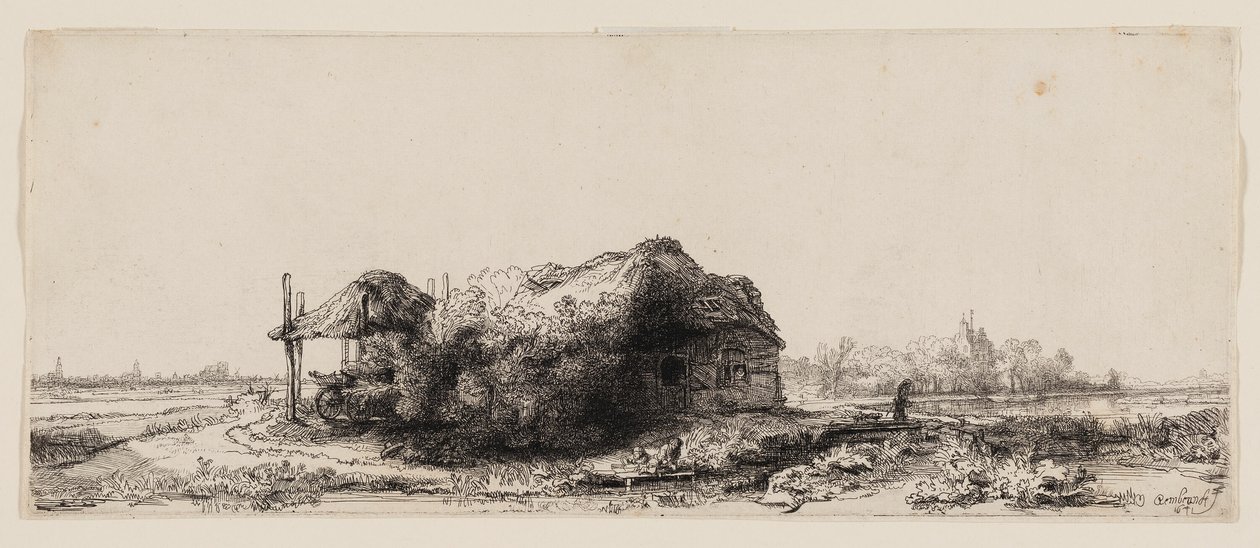 Landskap med hytter og en høylåve: Avlang av Rembrandt van Rijn