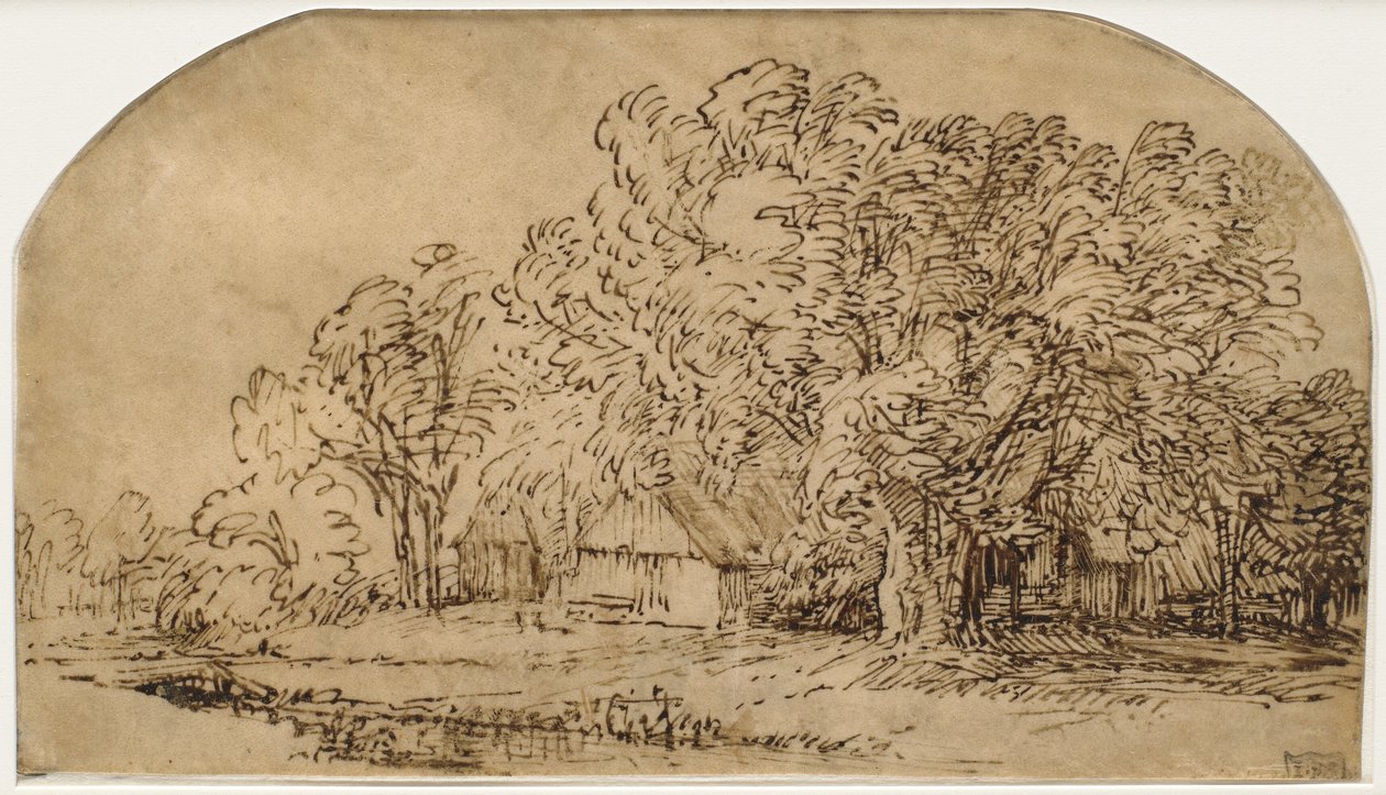 Landskap med hytter under høye trær ("The Puff of Wind") av Rembrandt van Rijn