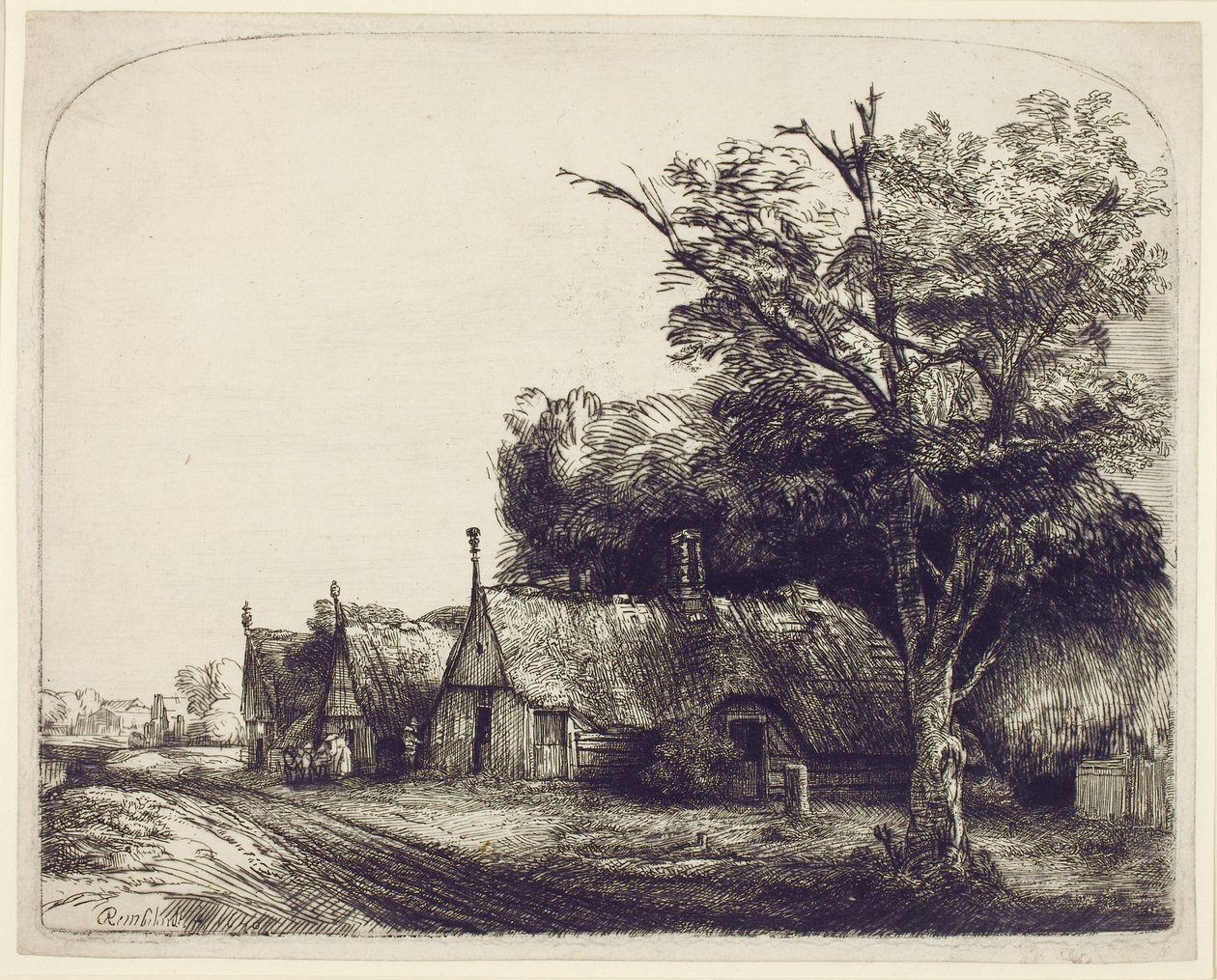 Landskap med gavlhytter ved siden av en vei, 1650 (etsing og tørrpunkt på papir) av Rembrandt van Rijn