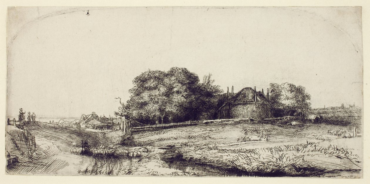 Landskap med høfår og en saueflokk, ca. 1652 (etsing og tørrpunkt på papir) av Rembrandt van Rijn