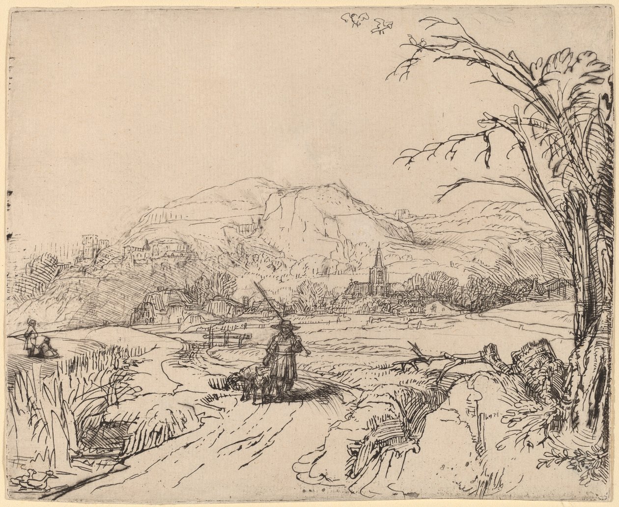 Landskap med sportsmann og hund av Rembrandt van Rijn