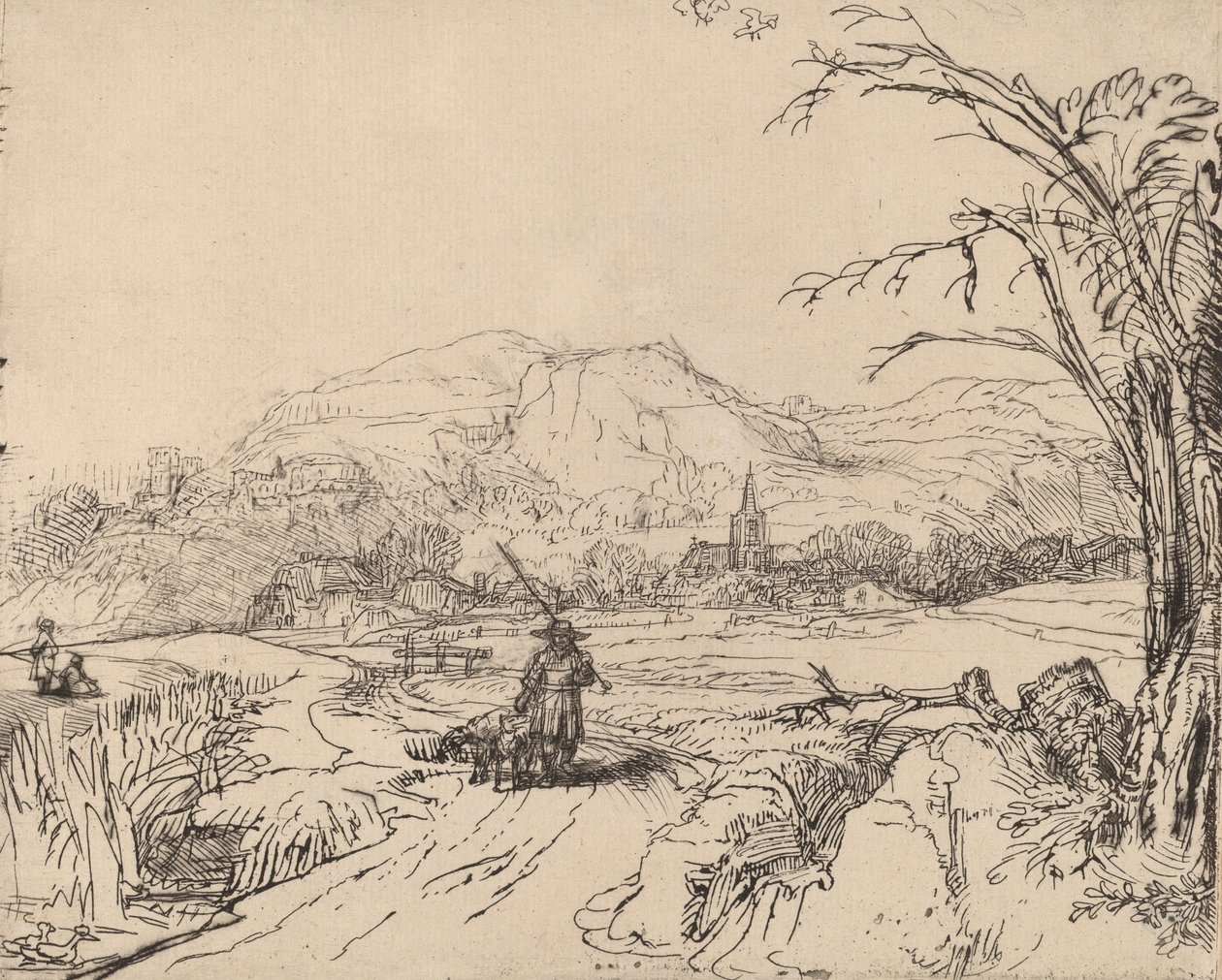 Landskap med idrettsmann og hund, ca. 1653. av Rembrandt van Rijn