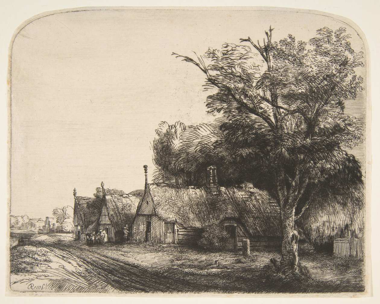 Landskap med tre gavlhytter ved siden av en vei, 1650. av Rembrandt van Rijn