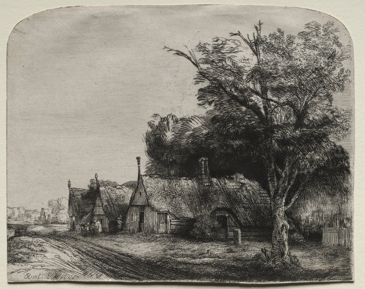 Landskap med tre gavlhytter ved siden av en vei av Rembrandt van Rijn