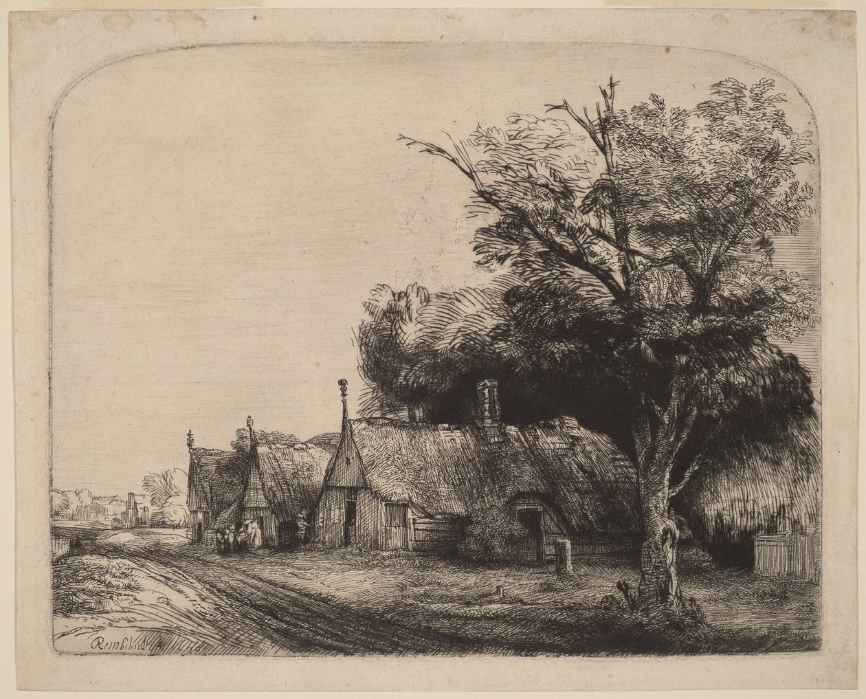 Landskap med tre hytter med gavl ved siden av en vei av Rembrandt van Rijn