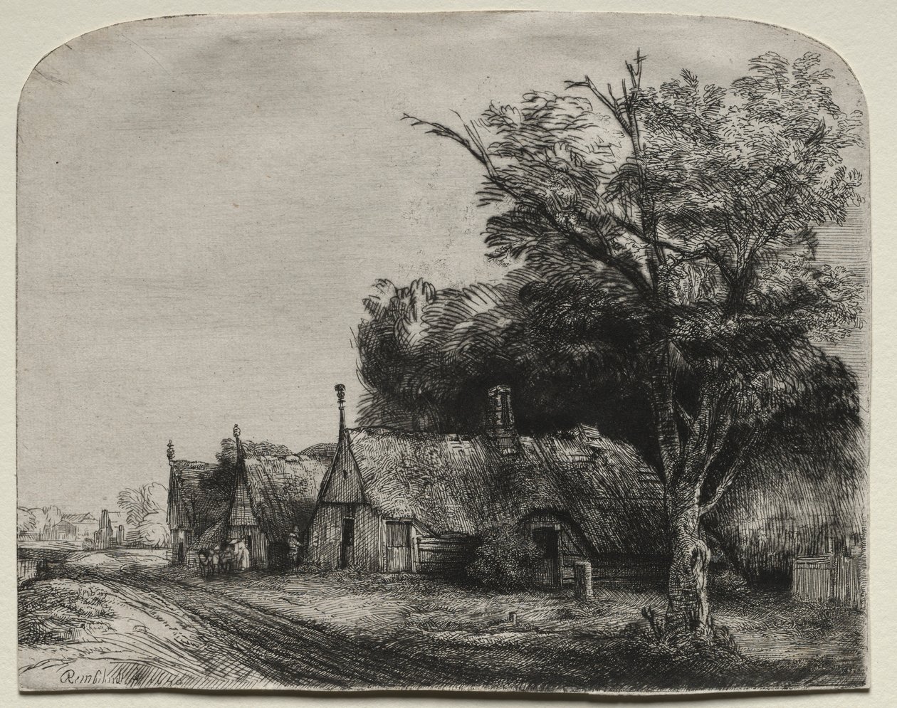 Landskap med tre gavlhytter ved siden av en vei, 1650. av Rembrandt van Rijn