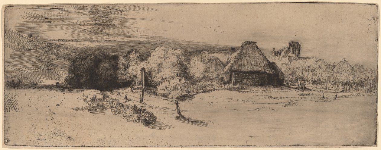 Landskap med trær, gårdsbygninger og et tårn av Rembrandt van Rijn