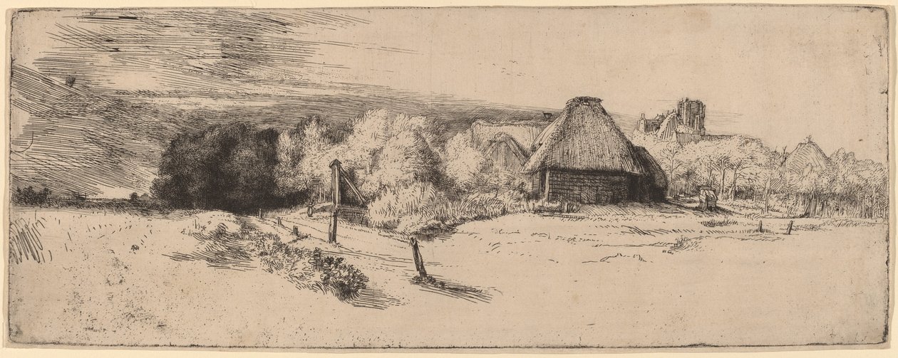 Landskap med trær, gårdsbygninger og et tårn av Rembrandt van Rijn
