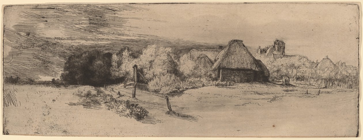 Landskap med trær, gårdsbygninger og et tårn av Rembrandt van Rijn
