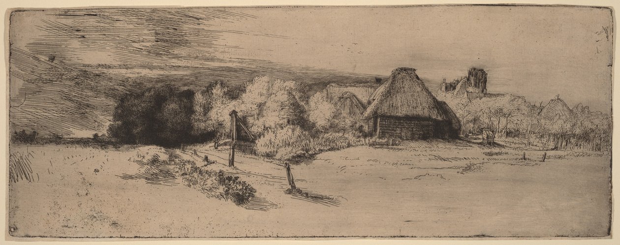 Landskap med trær, gårdsbygninger og et tårn av Rembrandt van Rijn